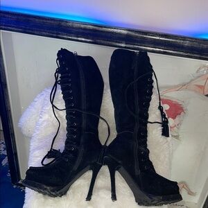 Black Lace-Up High Heel Boots BEBE black genuine leather black boots